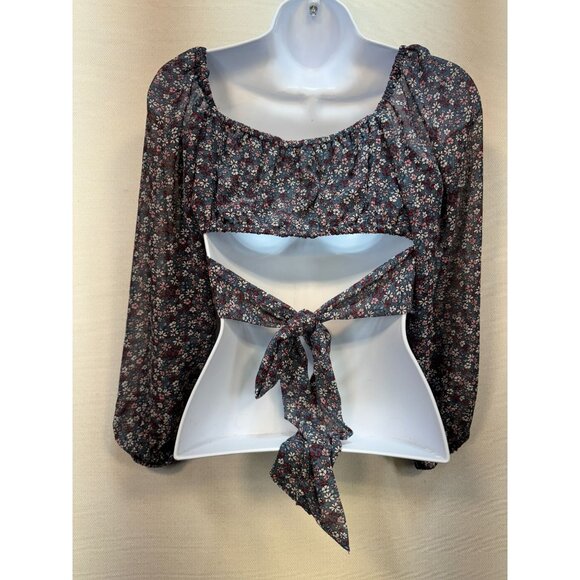Japna Womens Cropped Long Sleeve Blouse Size S Multiicolor Floral Tie-Back Chic - Picture 7 of 12